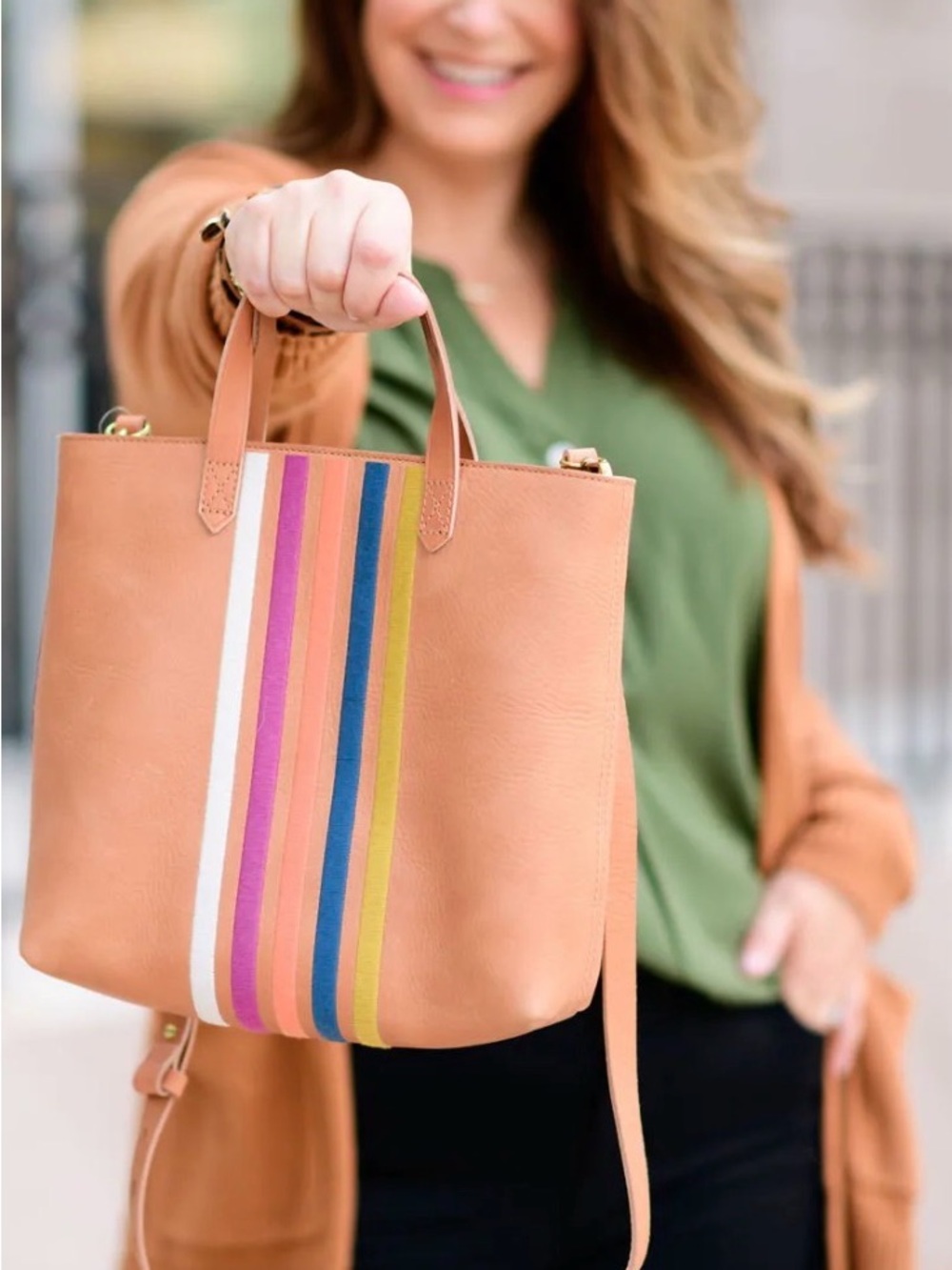 Madewell Tan Tote with Multicolor Vertical Stripe Detail
